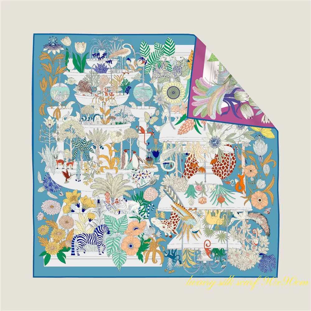 Grand Foulard Carré de Luxe à Bords Croisés pour Femme, Nouvelle Collection, Animal Paradis, Girafe,