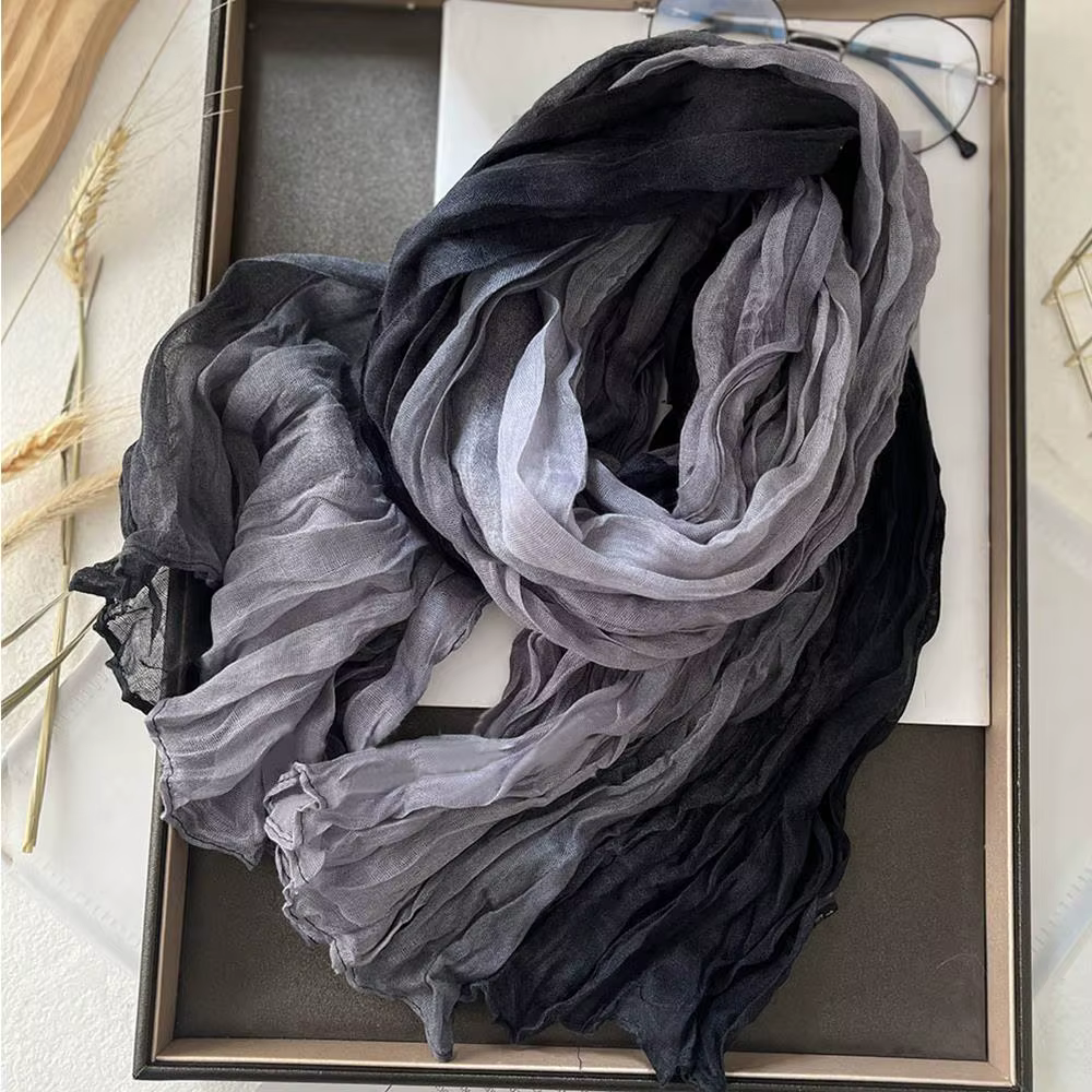 Écharpe en Coton et Chanvre pour Femme, Dégradé Bleu, Rétro Polyvalent, Imprimé, Long, Châle Doux, N