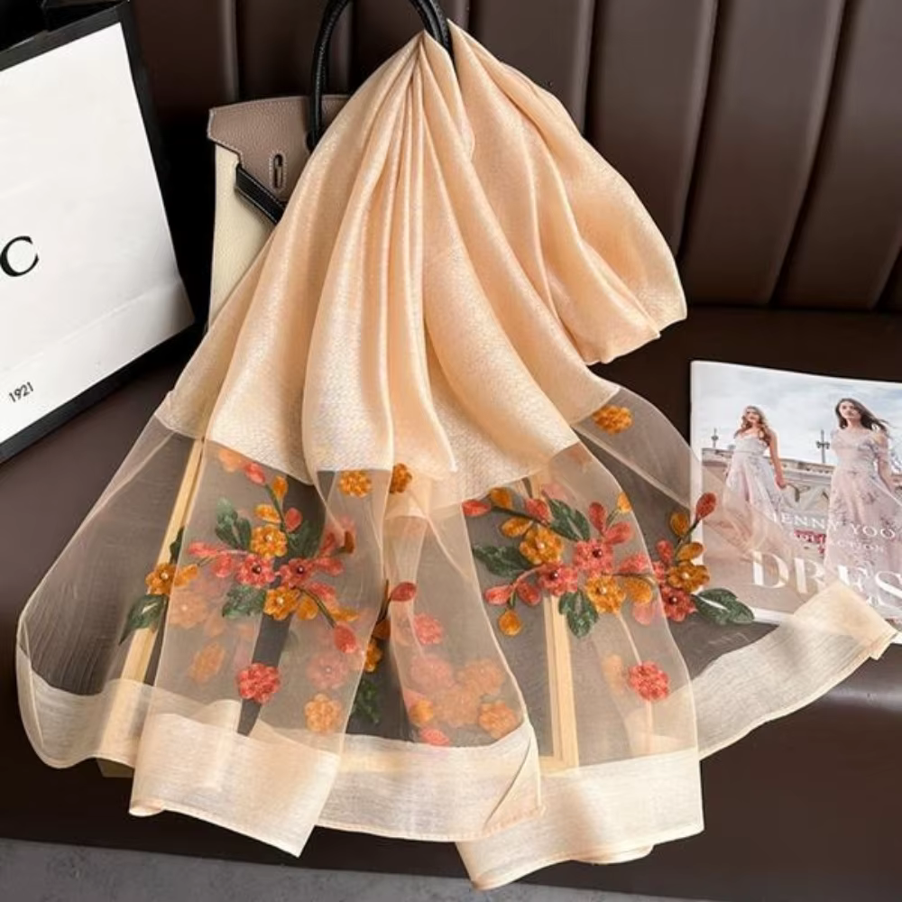Écharpe en soie brodée florale élégante pour femme, châle de plage élégant avec bordure perlée, bohè