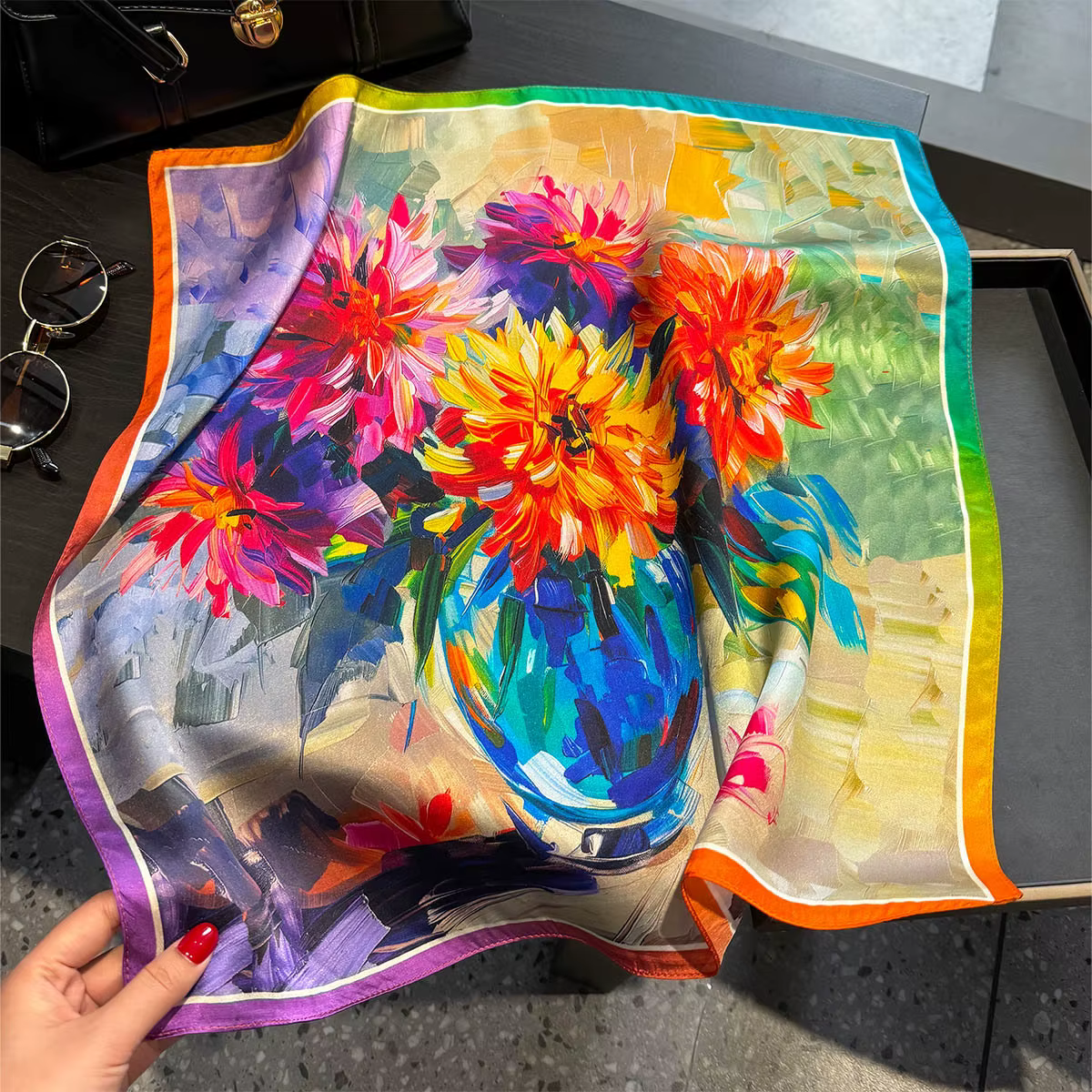 100% foulard en soie femmes petit 53cm carré Vase imprimé foulards cou cheveux main poignet Bandana 
