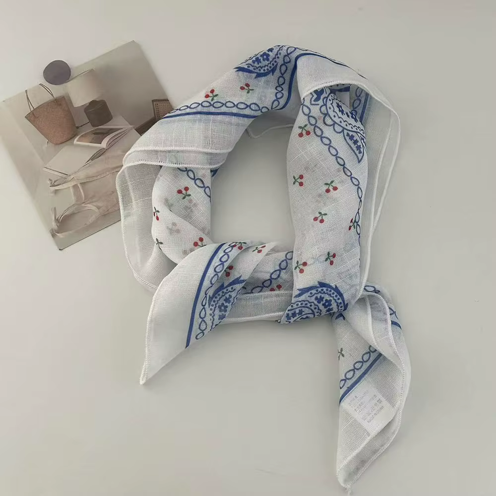 Foulard carré imprimé cerises pour femme, en coton et lin coréen, élégant, écharpe de cou, foulard d