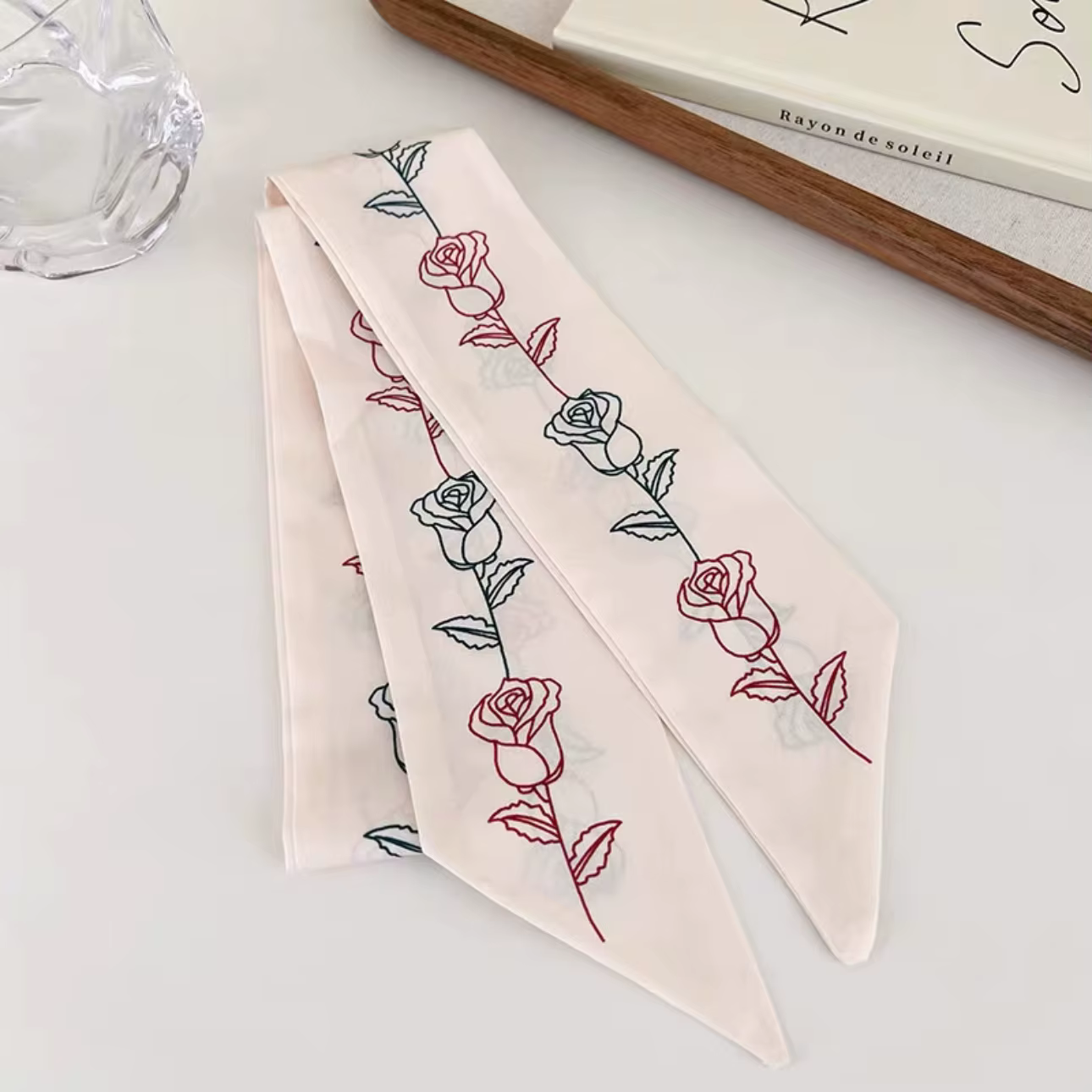 Écharpe en soie rose longue imprimée florale pour femme, foulard bohème vintage en soie, pour le cou