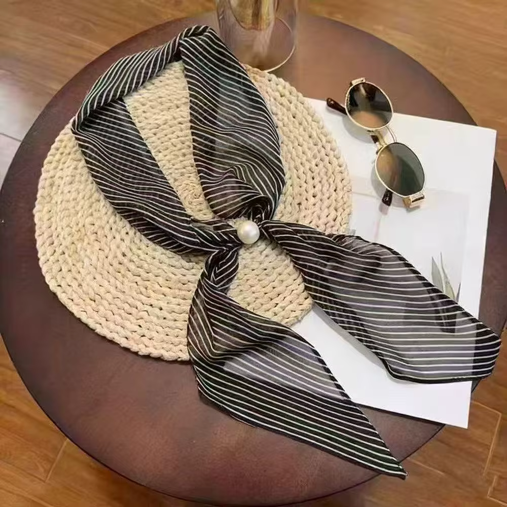 Écharpe décorative à rayures et perles pour femmes, 1 pièce, long ruban polyvalent à la mode pour la