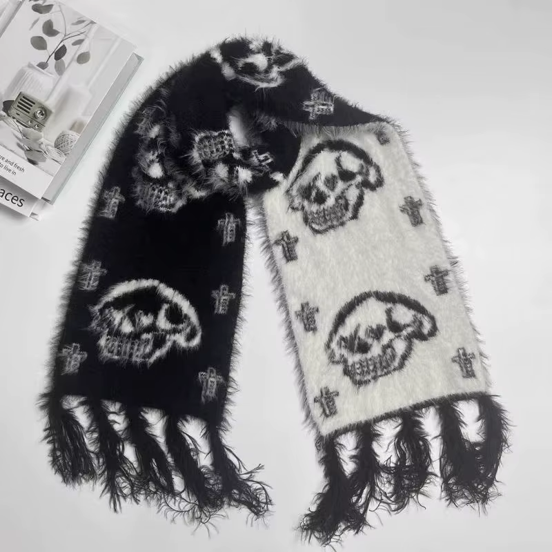 Écharpe gothique en fourrure de vison pour Halloween, écharpe tricotée, noir et blanc, Double face, 
