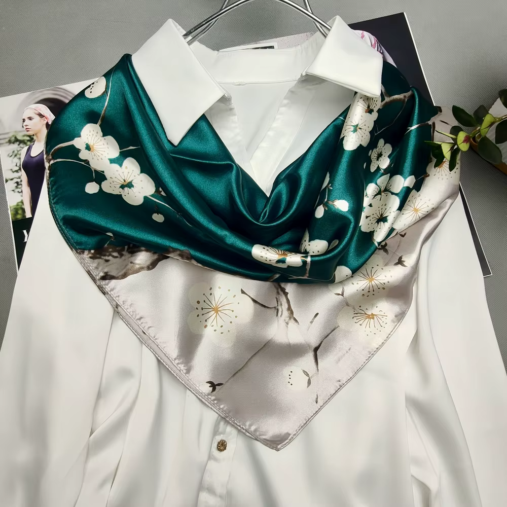 Foulard en soie gris vert foulard pour femmes printemps automne élégant fleur de cerisier grandes fo