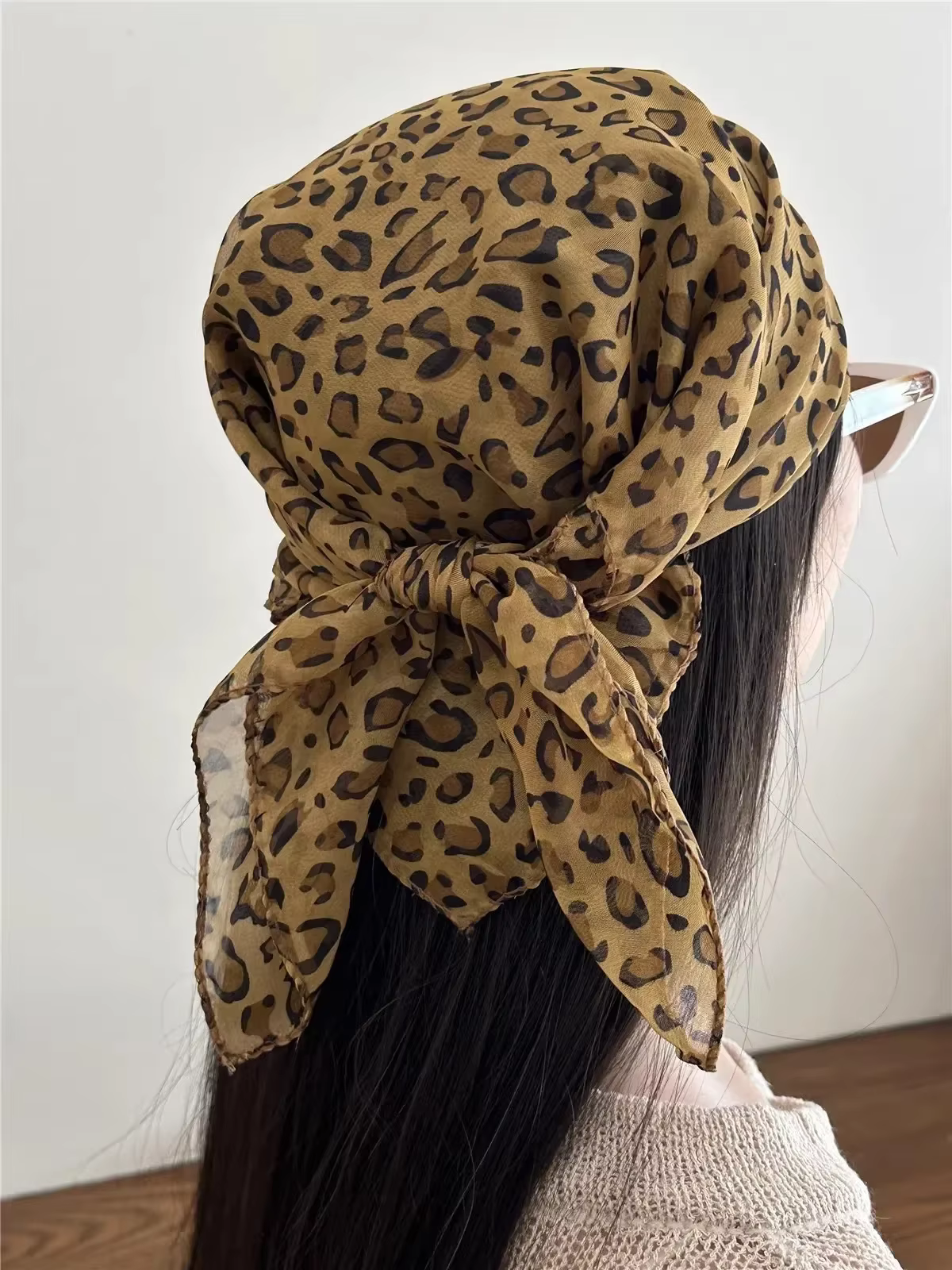 Foulard Carré Rétro Imprimé Léopard pour Femme, Satin, Bords Fins, Bandeau, Mode Y2K, Châle de Cheve