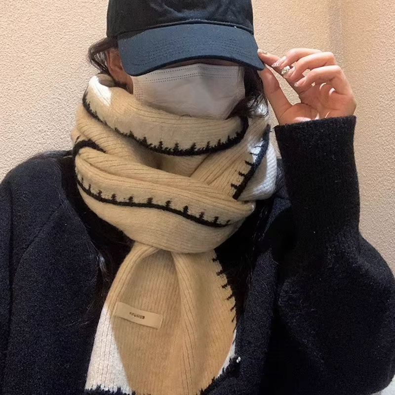 Écharpe tricotée contrastée coréenne, écharpe polyvalente rétro à la mode pour garder au chaud en hi