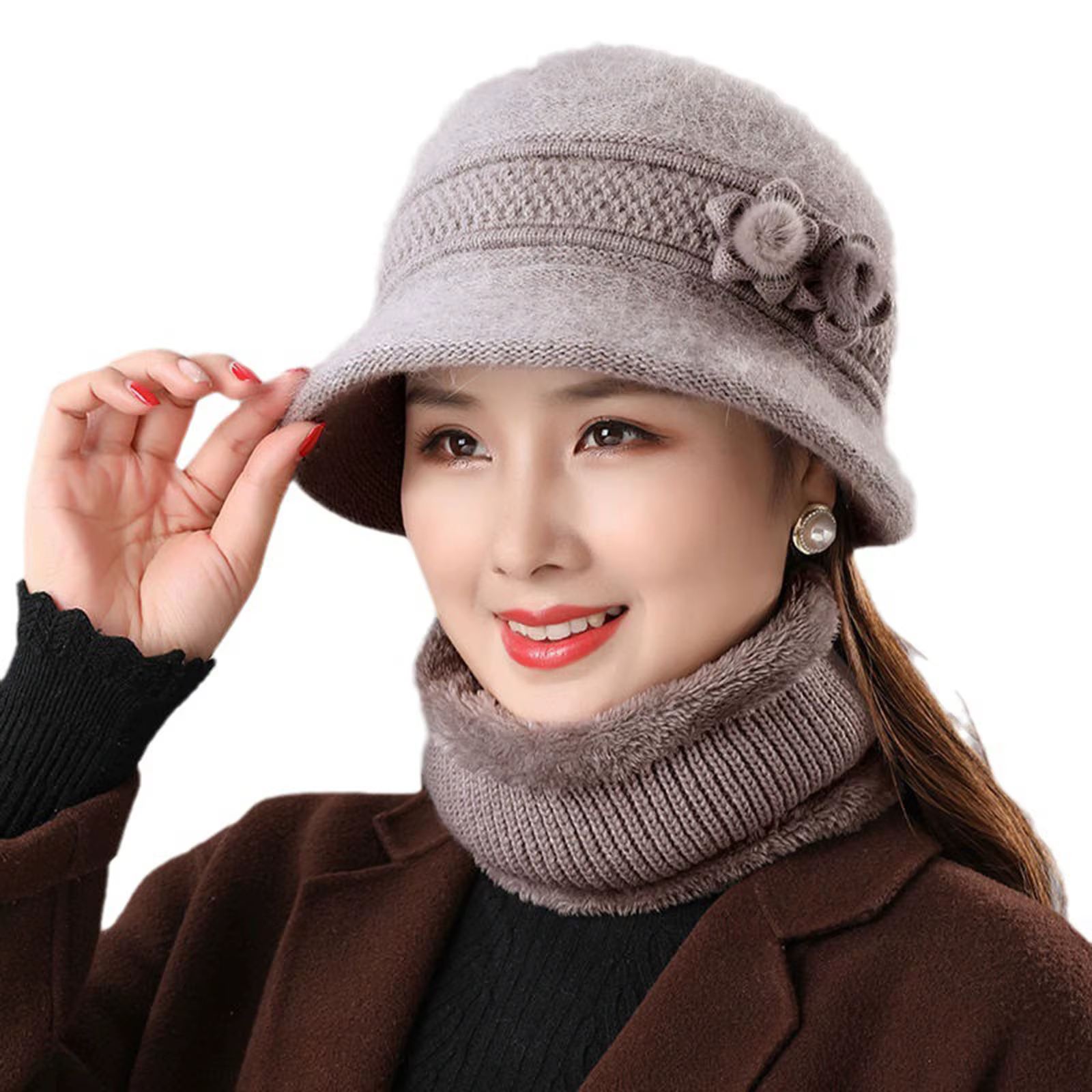 Ensemble chapeau et écharpe cercle Everche pour femme, décor de fleurs, chaud, épais, coupe-vent, hi