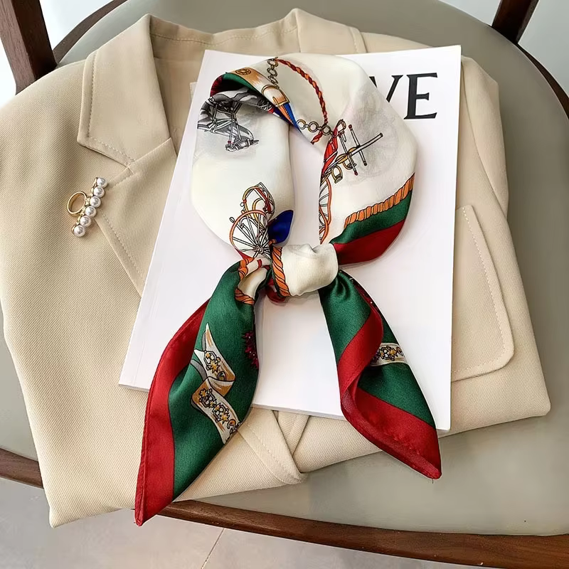 Foulard en soie imprimé à pois pour femmes, 70cm, imitation soie, élégant et polyvalent, sac à couvr