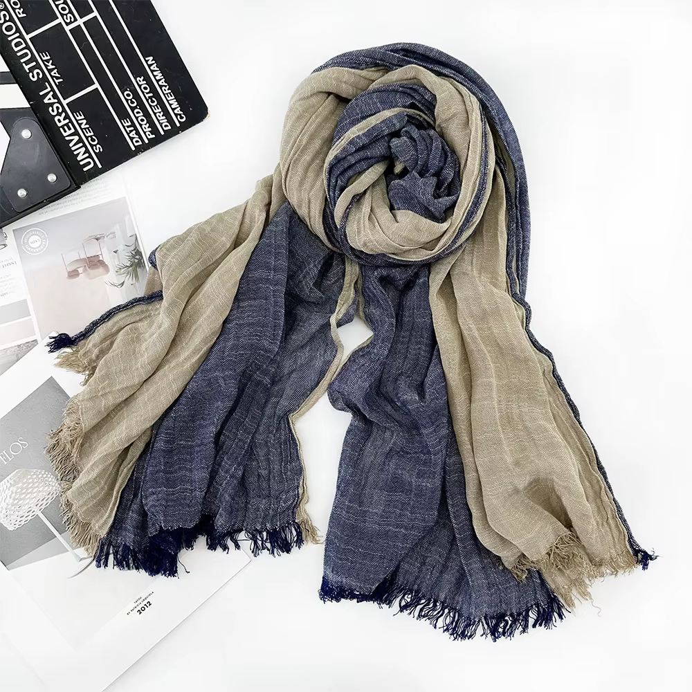 Écharpe rayée en coton et lin pour hommes, automne hiver, Patchwork, foulard chaud, accessoires masc