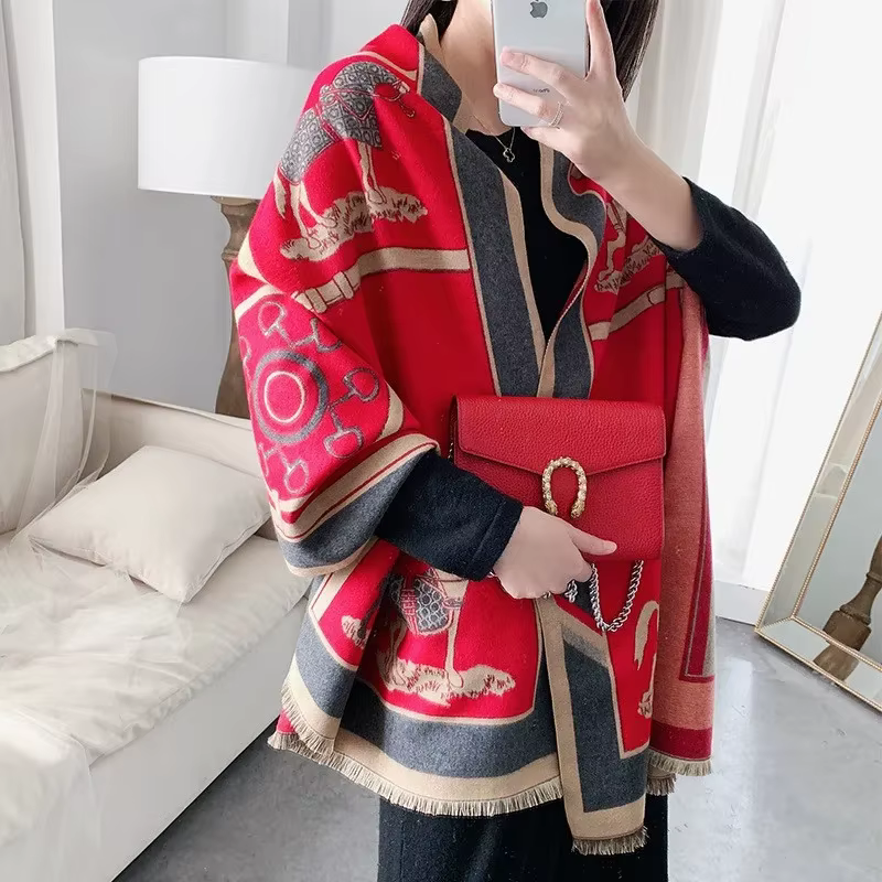 Écharpe de luxe en cachemire pour femme, Design chaud, couverture Pashmina, cheval, châle, épais, Bu