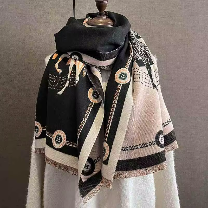 Écharpe de luxe en Faux cachemire pour femme, vêtement d'hiver à la mode, petit cheval, épais, chaud