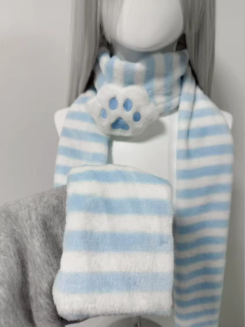 Écharpe Kawaii à motif patte de chat, rayée, style Y2K, pour l'automne et l'hiver, mignonne et chaud
