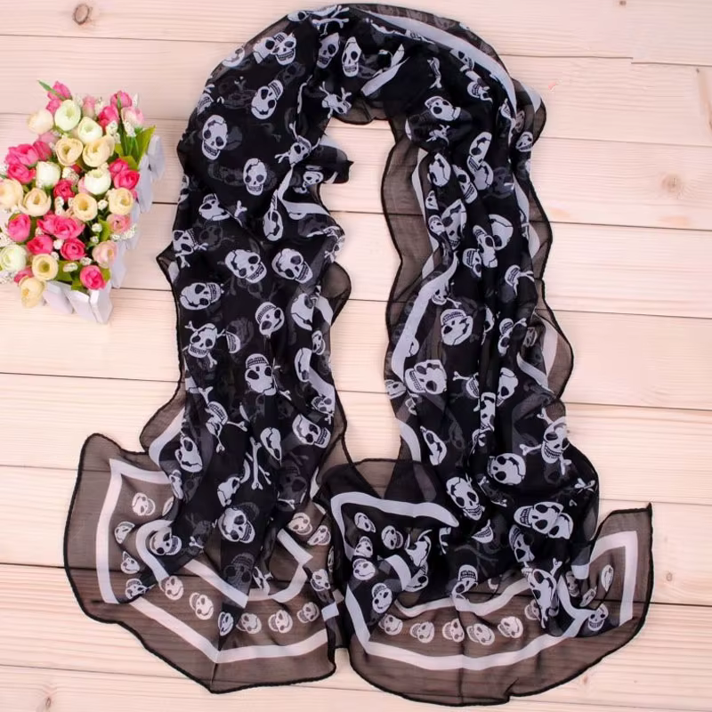 Foulard en Chiffon Georgette Imprimé Crâne pour Femme 150*50cm, Écharpe Bandana Élégante, Longue Éto