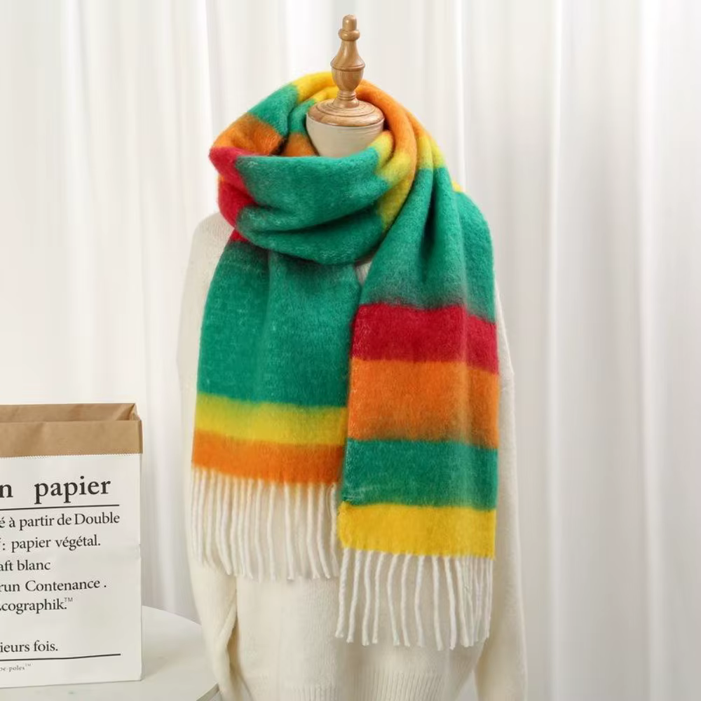 Écharpe en mohair à rayures colorées élégante, style coréen, longue écharpe à franges, écharpe en la