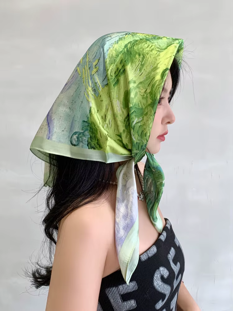 Nouveau foulard carré vert effet peinture à l'huile pour l'été, foulard fin en satin pour femme, éch