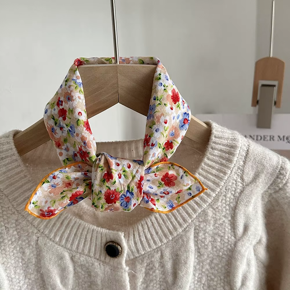 Élégant foulard carré fin à motif floral coréen, bandeau pour cheveux, foulard en soie à imprimé flo