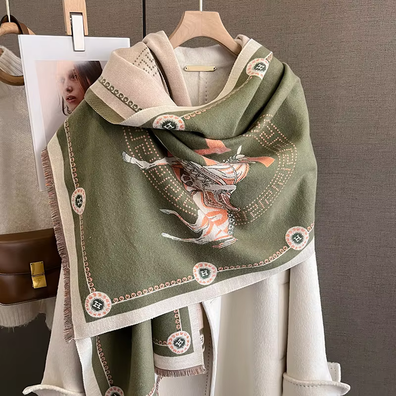 Écharpe de luxe en Faux cachemire pour femme, vêtement d'hiver à la mode, petit cheval, épais, chaud