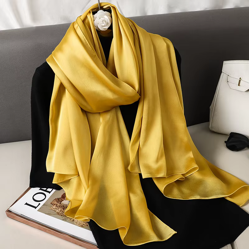 Foulard en soie pour femmes, marque de luxe, grand châle, bandeau enveloppant, Design solide, Hijab,