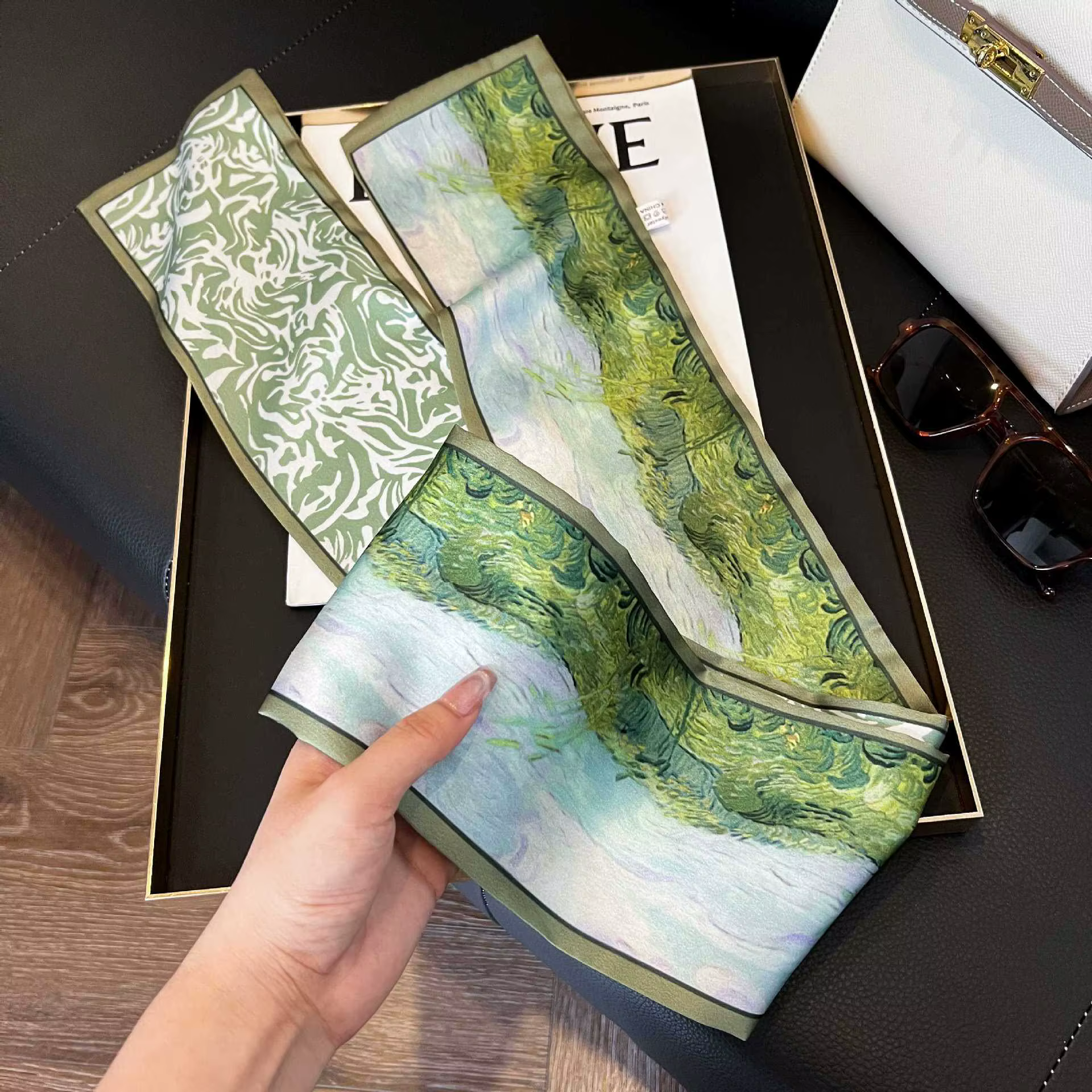 Écharpe longue de luxe en soie pour femme, douce, en satin imprimé, bandeau, foulard, écharpe pour c