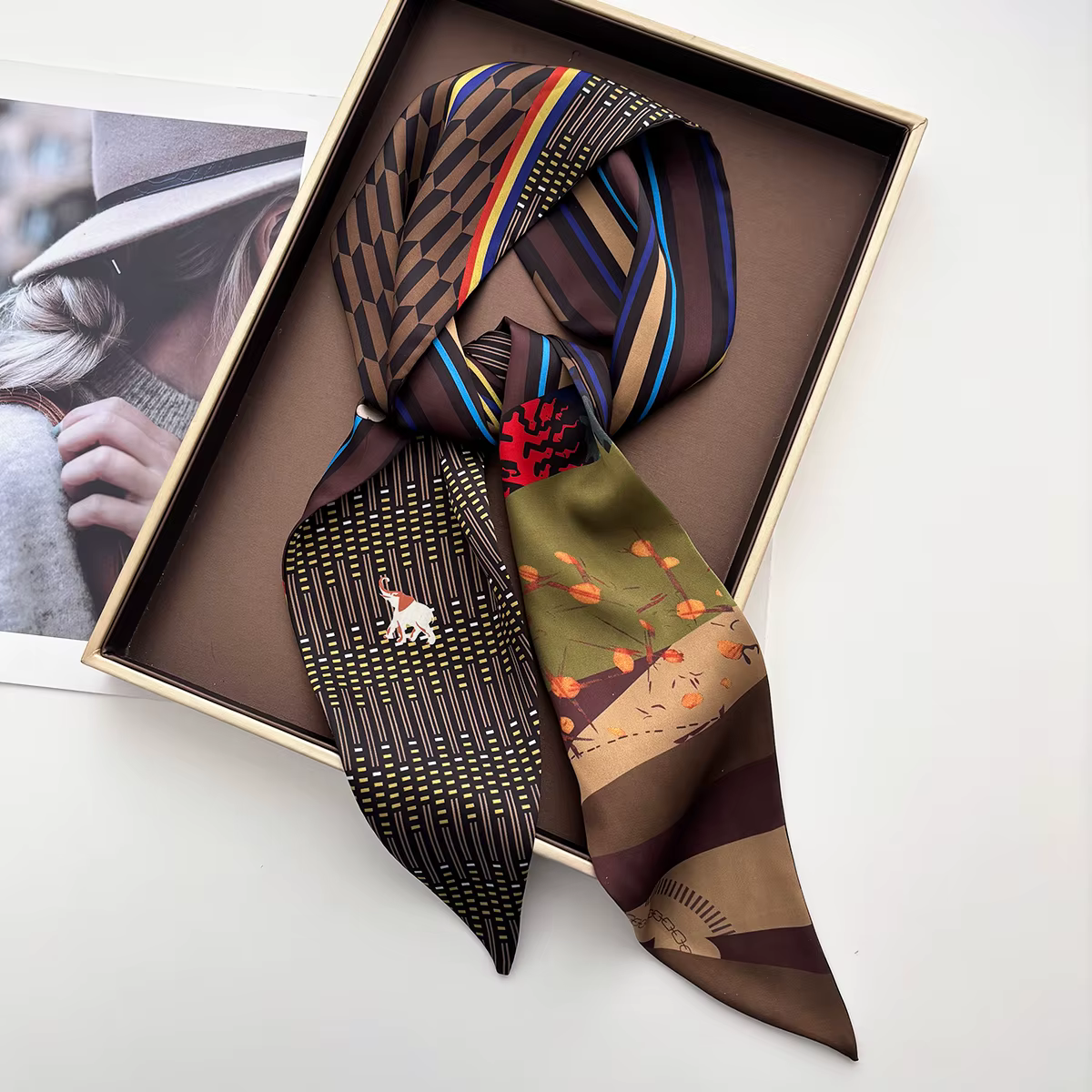 Écharpe fine élégante à imprimé pour femmes, bandeau de luxe, ruban en soie doux, cravate, sac à mai