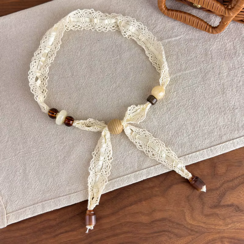 Écharpe en soie à dentelle bohème pour femme et fille, collier ras-du-cou avec pendentif fleur, acce