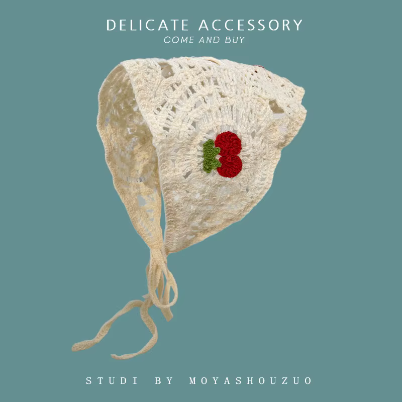 Élégant Bandeau Écharpe Tricoté Triangle pour Femme, Motif Fraise Polyvalent, Accessoire Cheveux Ten