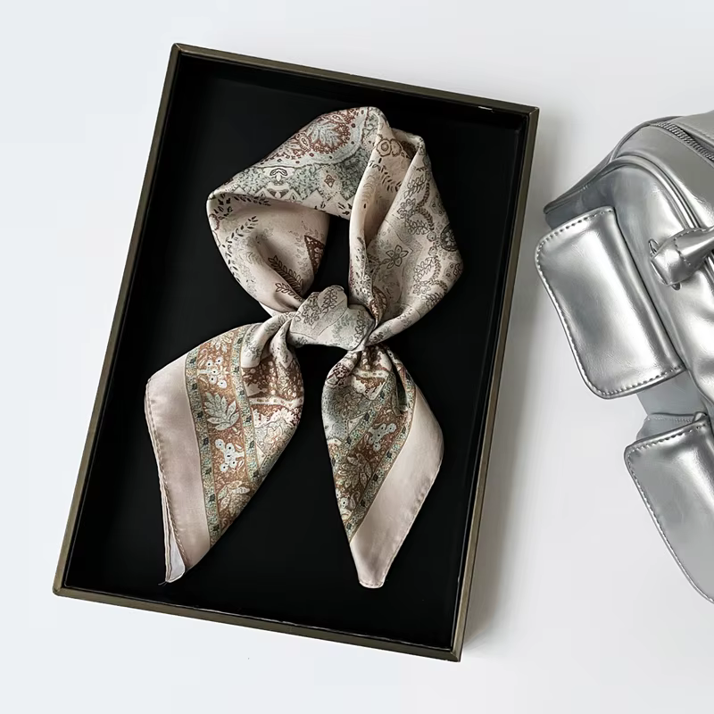 Foulard en soie imprimé cachemire, petit foulard carré de luxe 70 cm, imitation soie satinée, foular