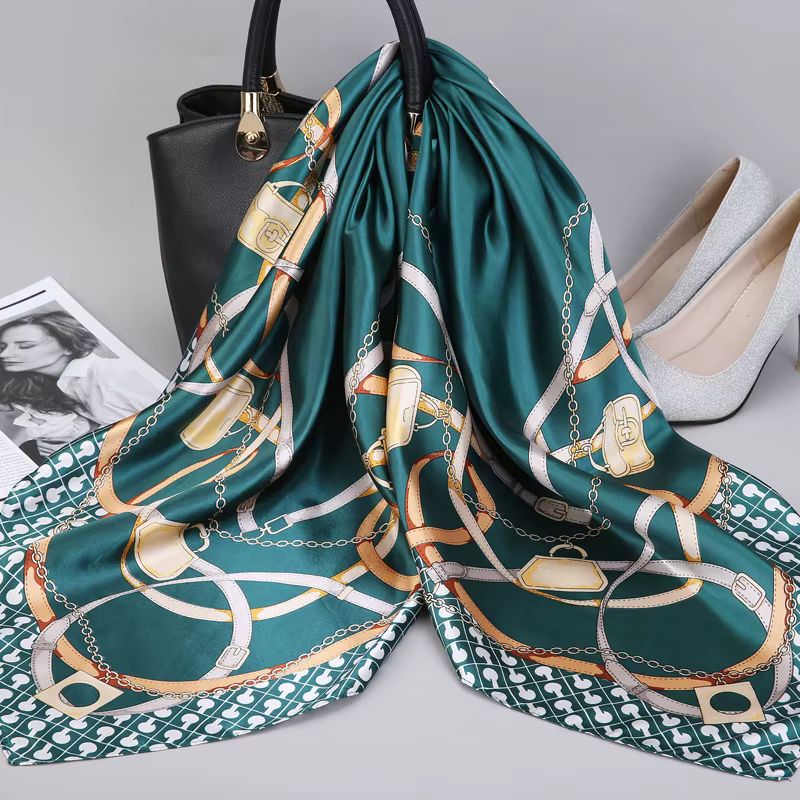 Foulard de cou en Satin de soie pour femmes, foulard Hijab imprimé, châles carrés et enveloppes, 90x