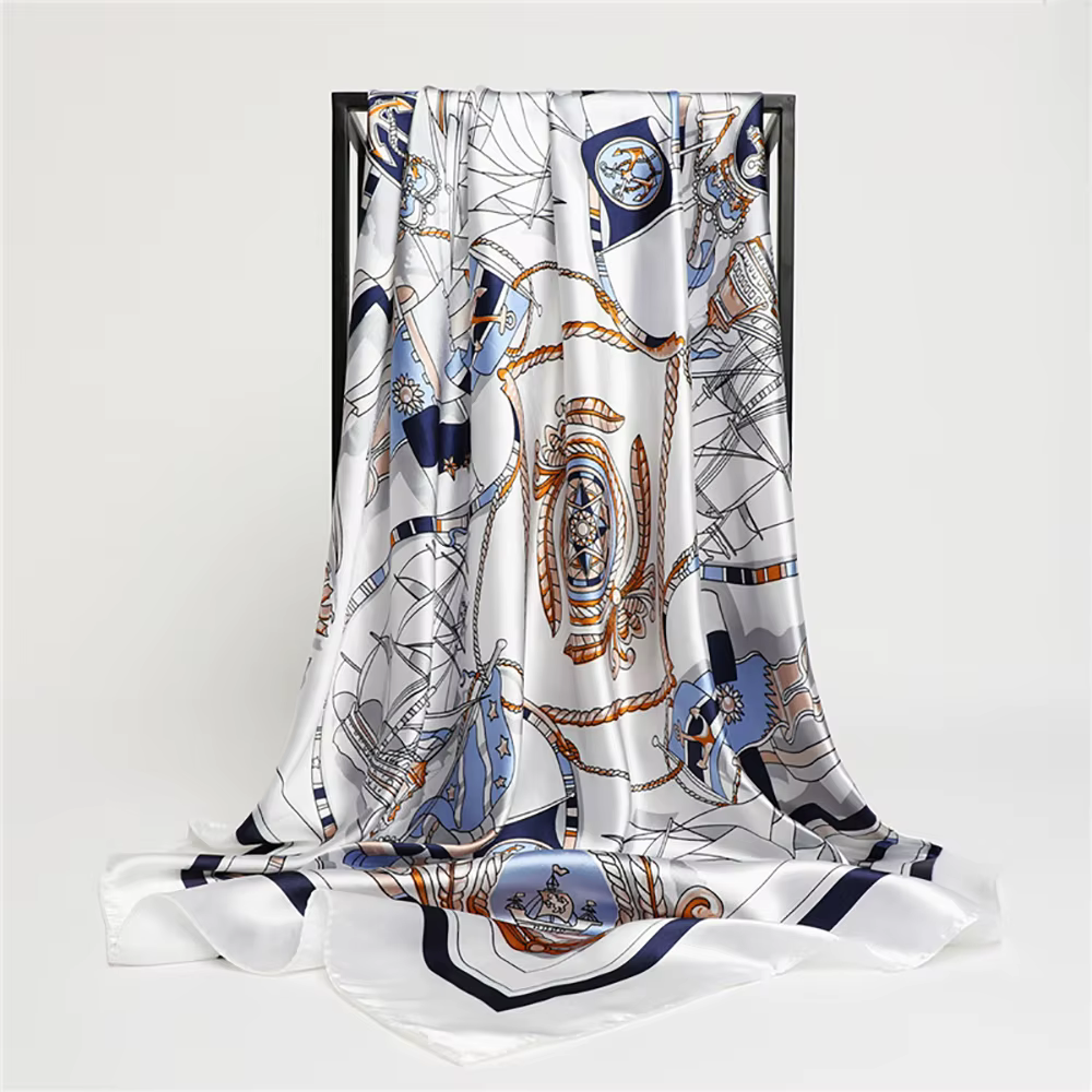 Grande écharpe carrée de luxe à imprimé nautique, fine, respirante et soyeuse, foulard de protection