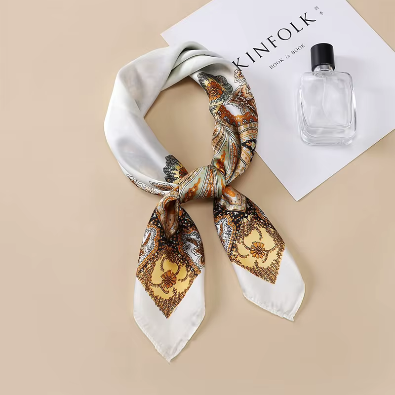 Foulard en soie pour femmes, imprimé Floral, carré, châle musulman, Hijab, bureau, pour dames, Banda