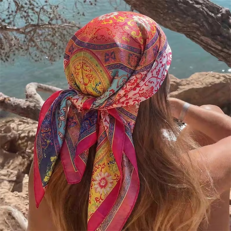 Foulard carré en soie de 90 cm pour femme, marque de luxe, imprimé satiné, hijab, écharpe musulmane,