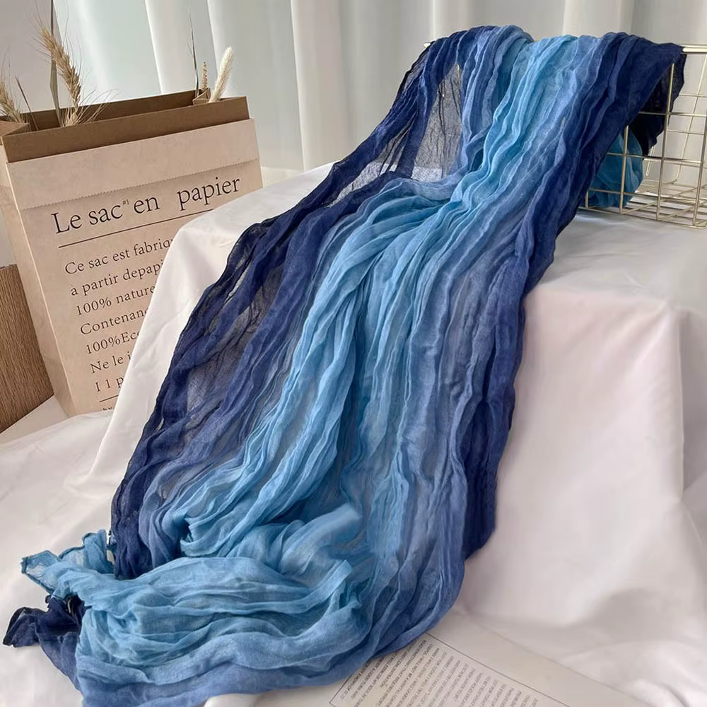Écharpe en Coton et Chanvre pour Femme, Dégradé Bleu, Rétro Polyvalent, Imprimé, Long, Châle Doux, N
