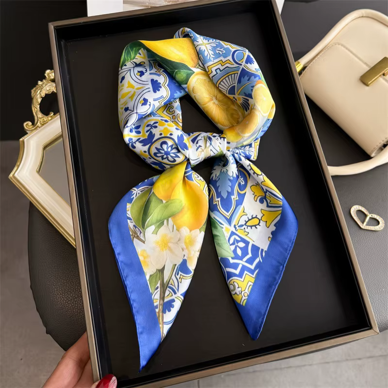 Foulard carré en soie imprimé citron pour femme, luxe, doux, en satin, fin, foulard de cou, mode, pr