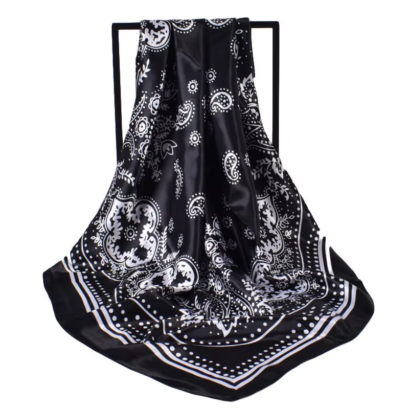 Foulard carré en soie pour femme, marque de luxe, imprimé satiné, hijab, écharpe musulmane, paréo, b