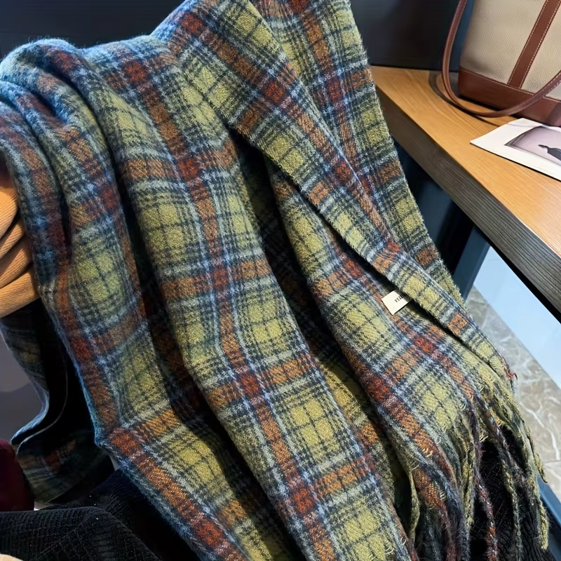 Vintage vert Plaid gland écharpe femmes Imitation cachemire épaissi chaleur automne hiver châle Wrap