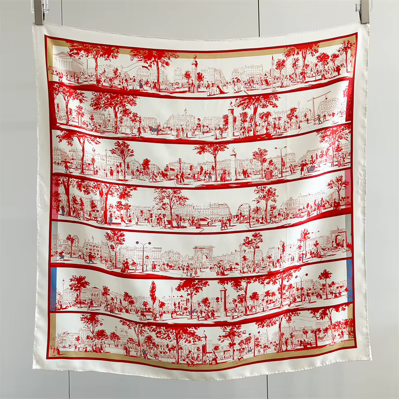 Foulard en Soie Rouge de Luxe 90cm Carré, Châles à Bords Roulés, Bandanas, Accessoires de Sac, Décor