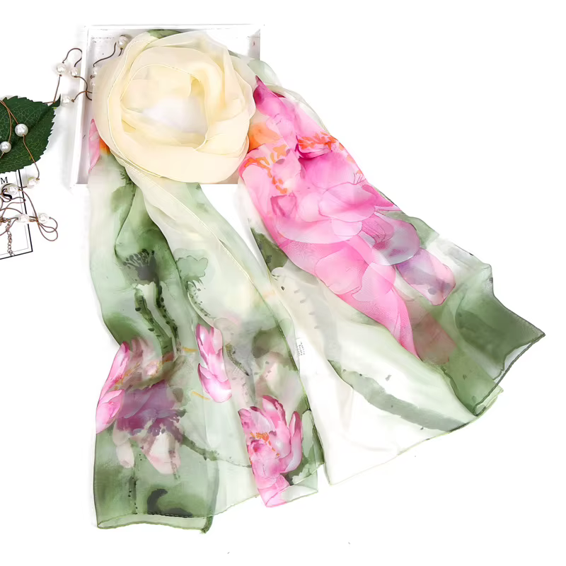 Écharpe en soie florale pour femmes, légère, imprimé Lotus, en mousseline de soie, accessoire polyva