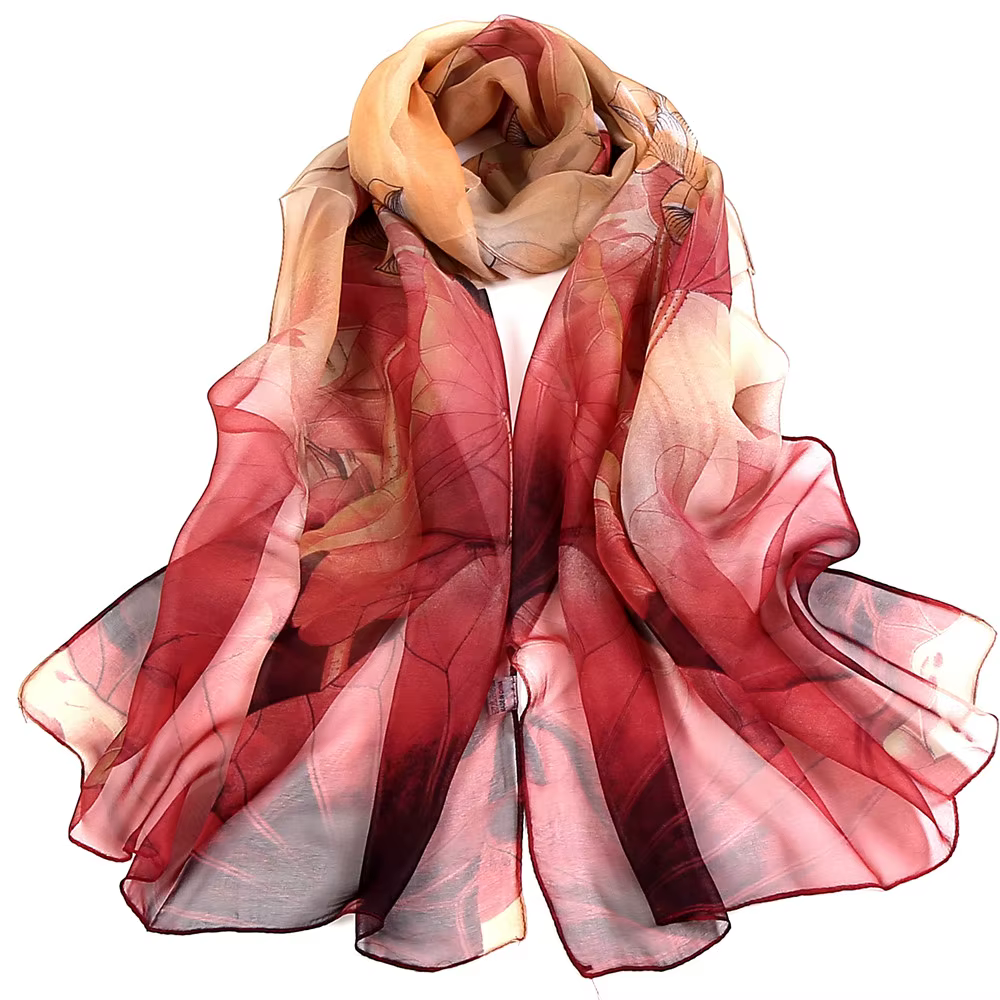Écharpe en mousseline imprimé lotus - Foulard léger en georgette pour femme, 160 cm de long, châle d