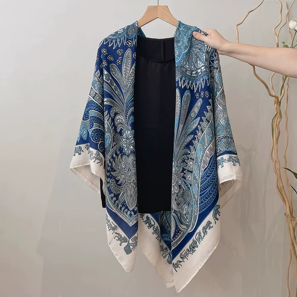130cm bleu carré écharpe femmes grands châles Vintage carré Bandana luxe foulard femme Foulards