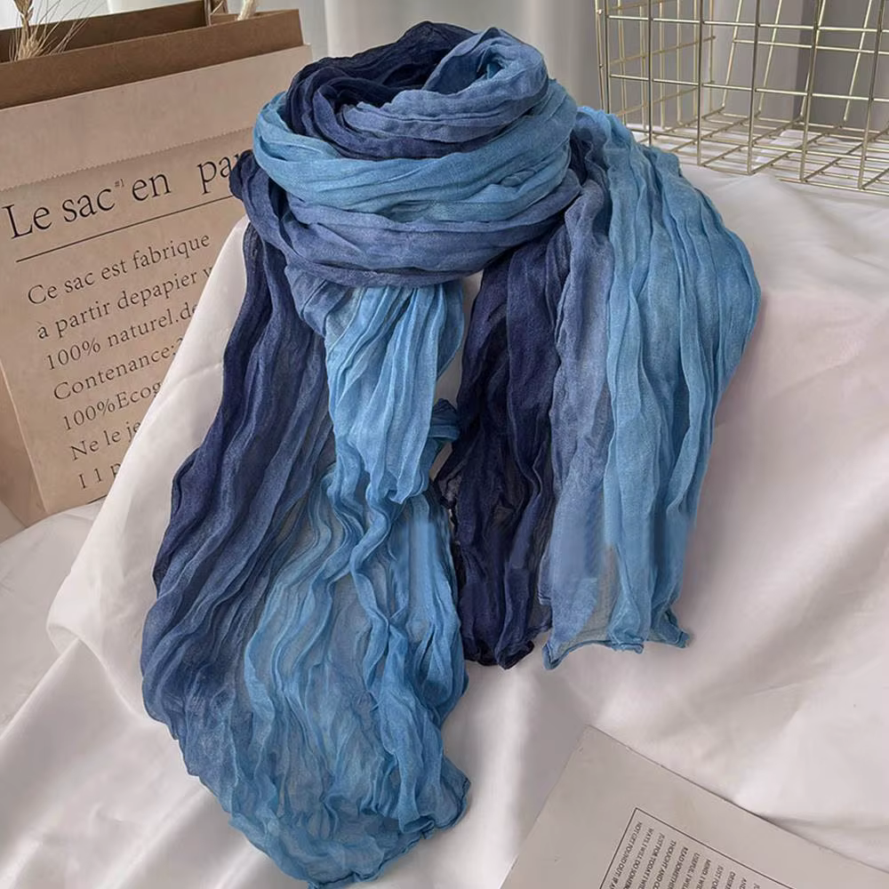 Écharpe en Coton et Chanvre pour Femme, Dégradé Bleu, Rétro Polyvalent, Imprimé, Long, Châle Doux, N