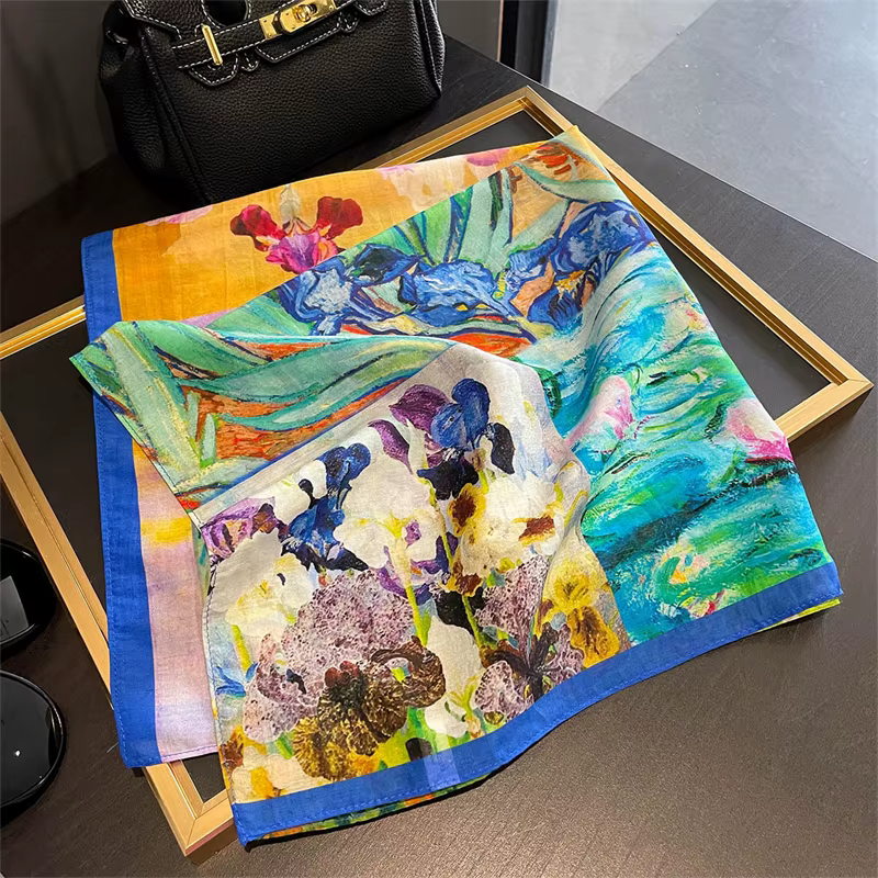 Foulard carré à fleurs de styliste pour femmes, 65cm, en soie véritable, châle de luxe en coton, imp