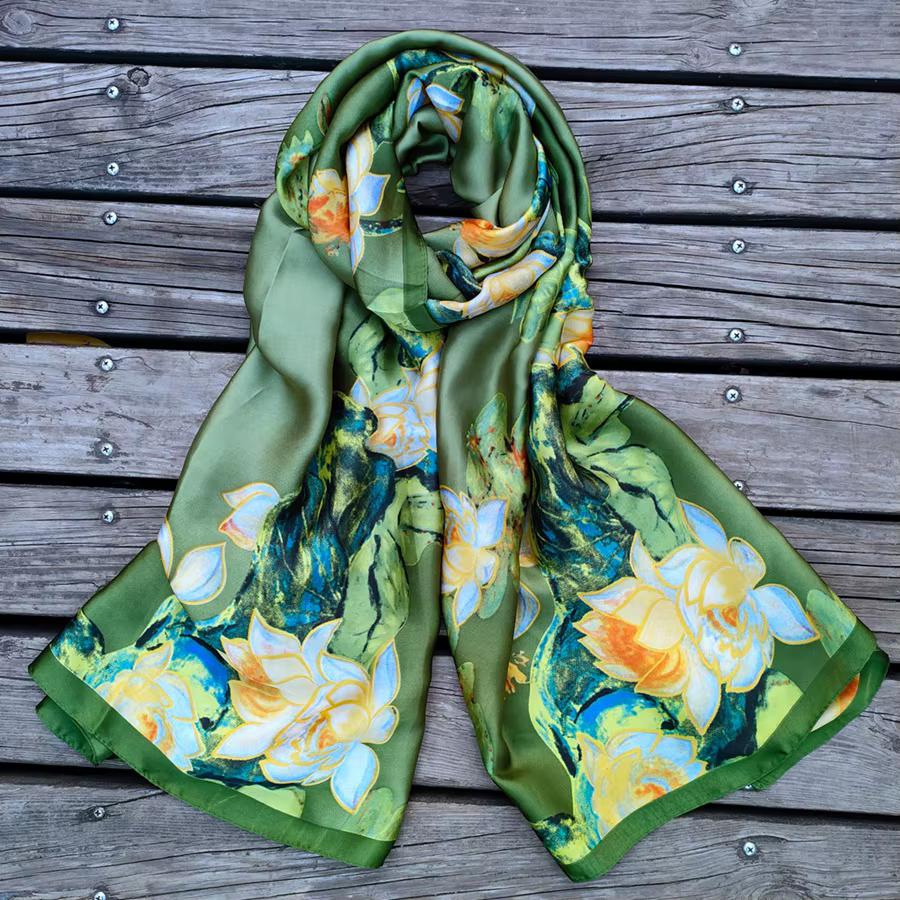 Élégant foulard en soie pour femme, châle léger en satin imprimé floral, écharpes soyeuses tendance,