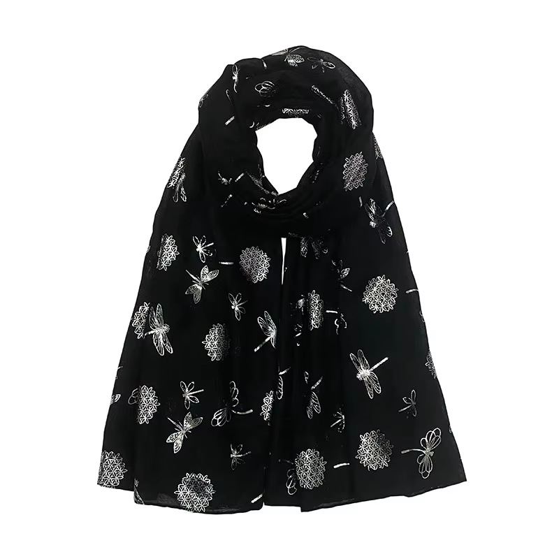 Écharpe en lin de coton imprimé libellule argentée pour femme, hijab musulman, long châle rond, écha