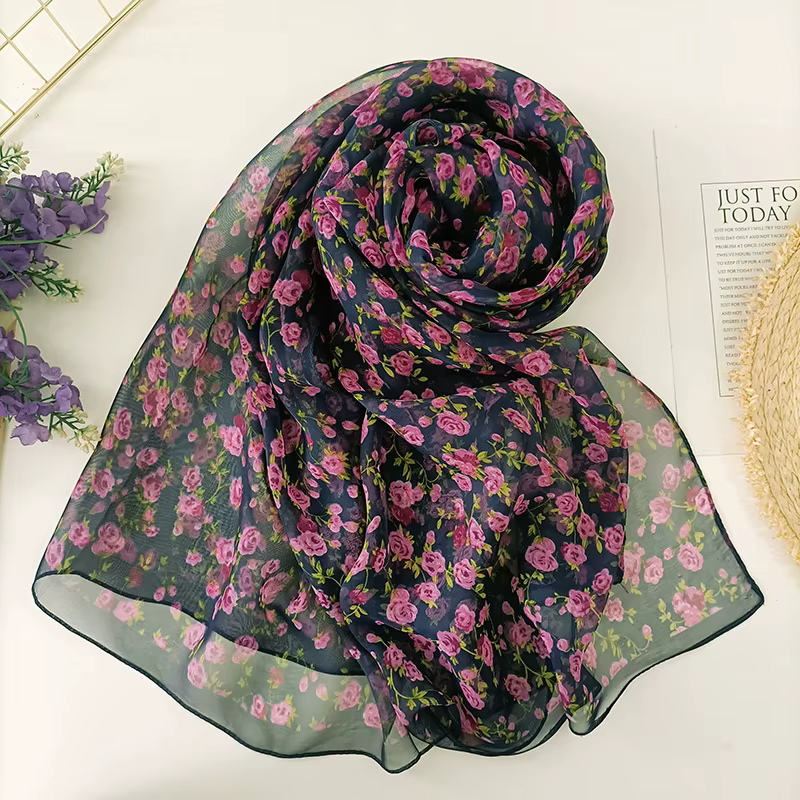 Foulard Georgette en Mousseline de Soie pour Femme, Bandana Élégant, Châle Long à Fleurs, Protection