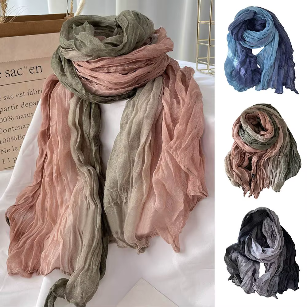 Écharpe en Coton et Chanvre pour Femme, Dégradé Bleu, Rétro Polyvalent, Imprimé, Long, Châle Doux, N