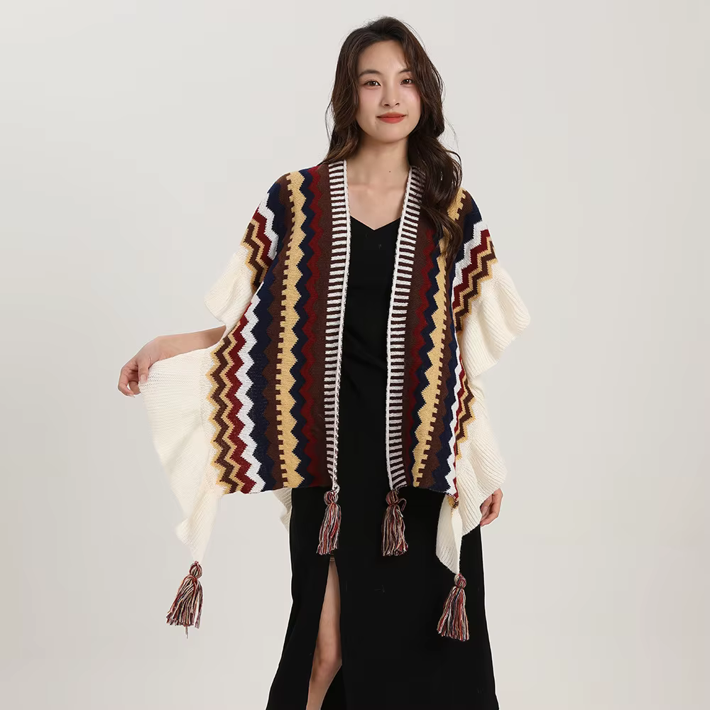 Châle bohème pour femme, Mohair avec pompon, cardigan ethnique rétro pour femme, écharpe à volants r