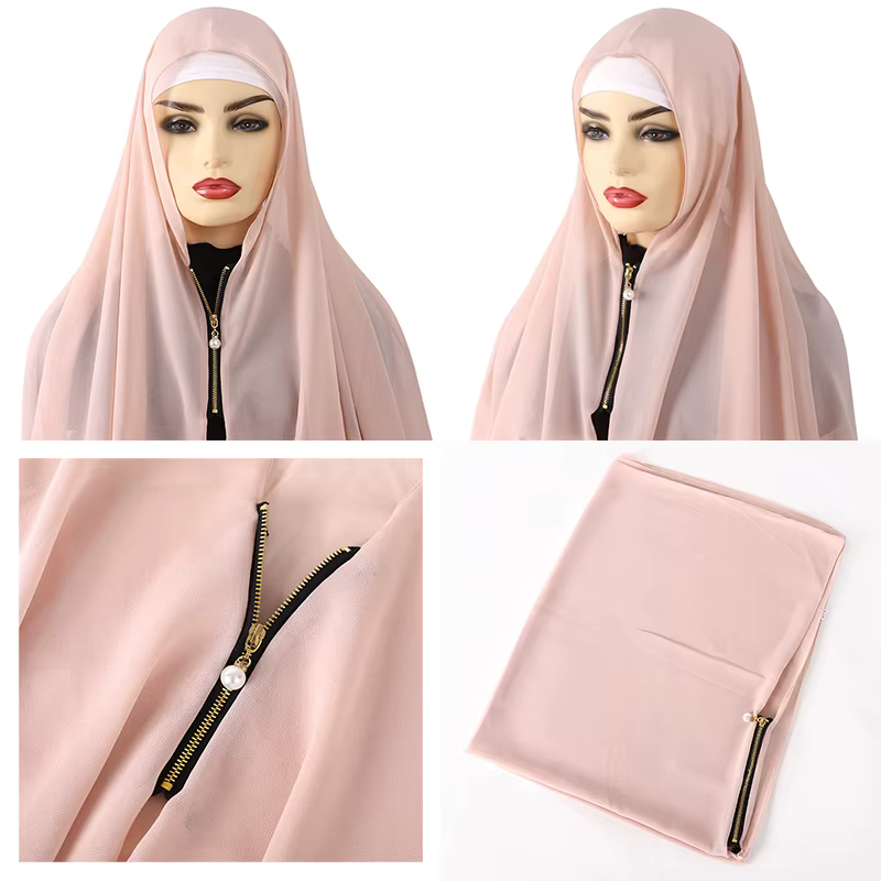 2025 foulard Hijab musulman avec fermeture éclair plaine bulle en mousseline de soie prêt à porter v