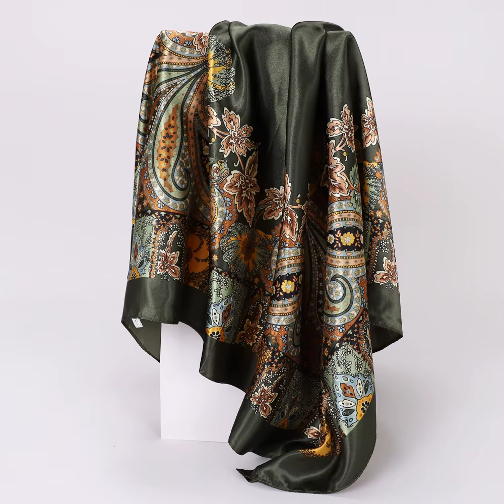 Foulard carré 90 cm pour femme, motif cachemire, bandana en satin, hijab vintage, foulard multi-usag