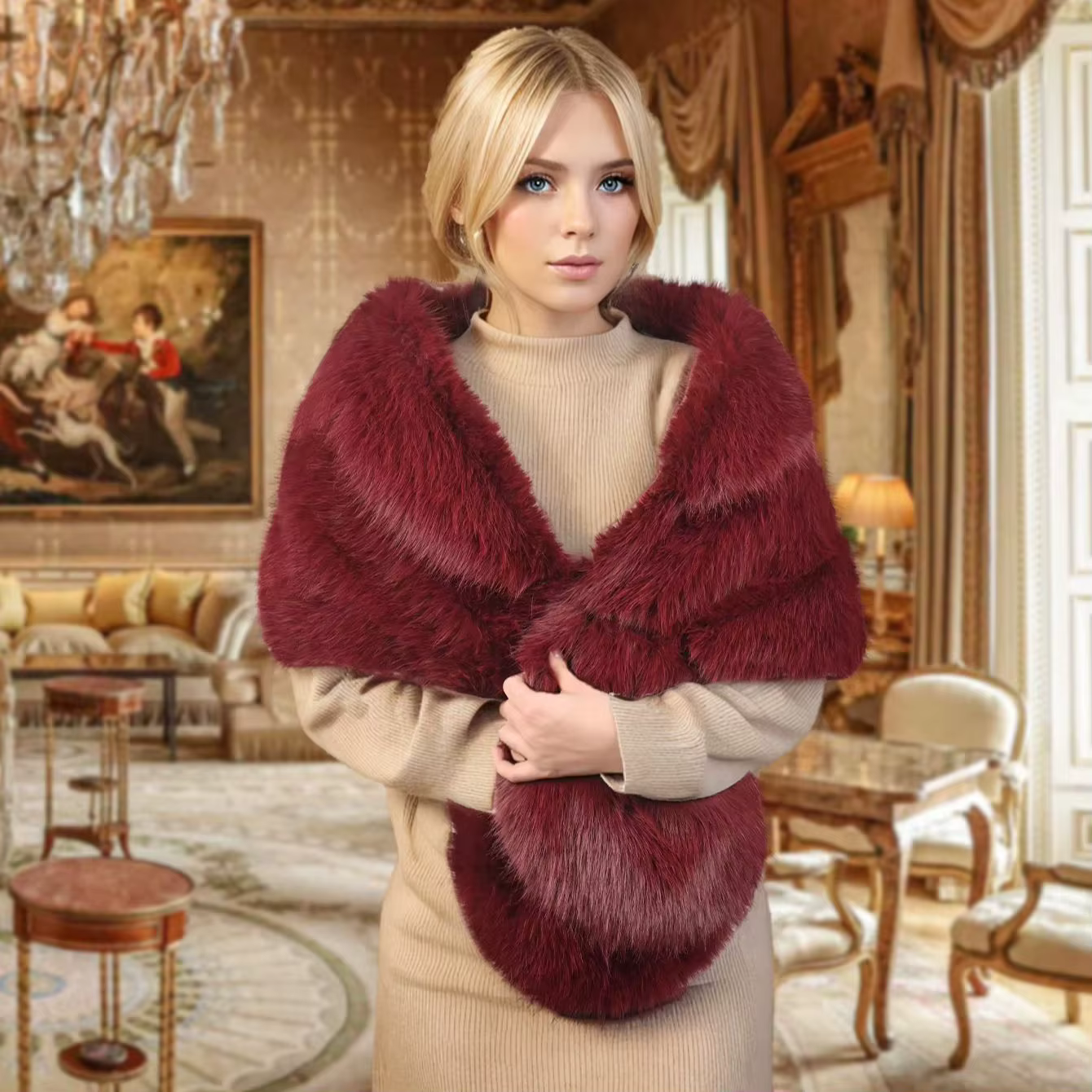 Châle en polyester et fourrure de renard fait à la main pour femmes, vêtements chauds, fête de maria